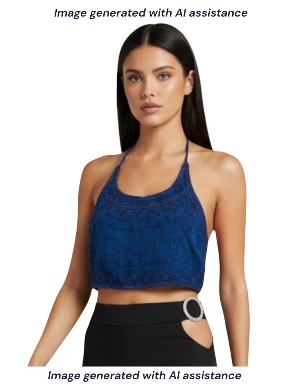 Just Cruising OS blue embroidered cropped halter top